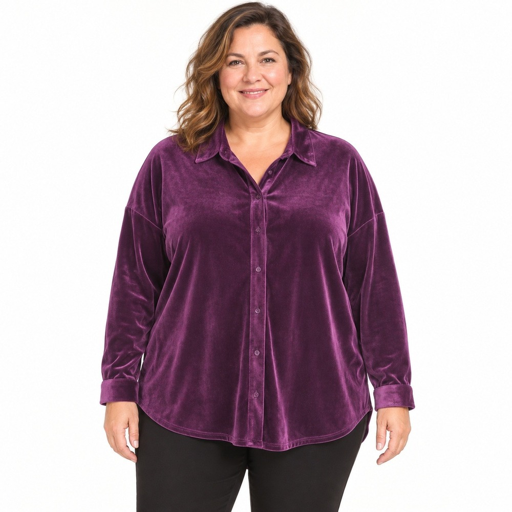 Weekend Suzanne Betro Women's 1X Purple Velvet Button Down Tunic Shirt